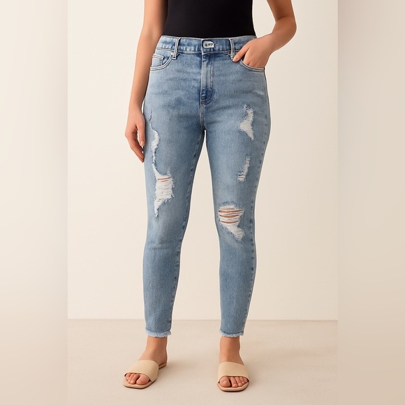 Express Skinny High Rise Jeans Women’s 14 Light Wash Distressed Button Fly - Picture 1 of 14